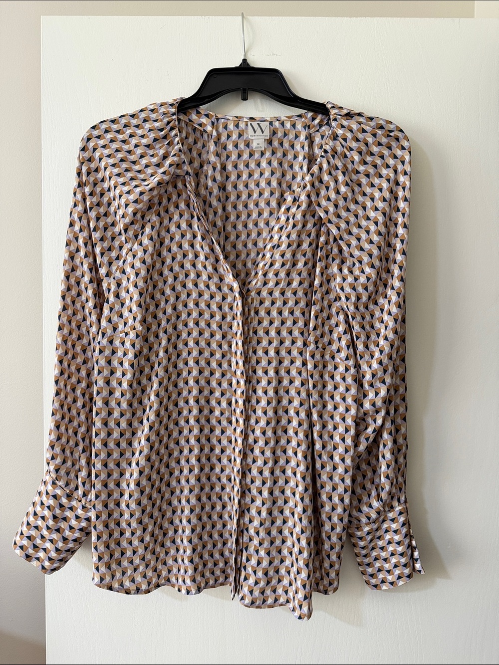 W by Worth Printed Button-Down Blouse in Beige and Blue
